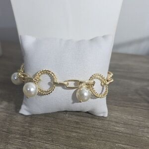 14k Gold Plated Pearl Charm Link Bracelet - Elegant Women’s Jewelry